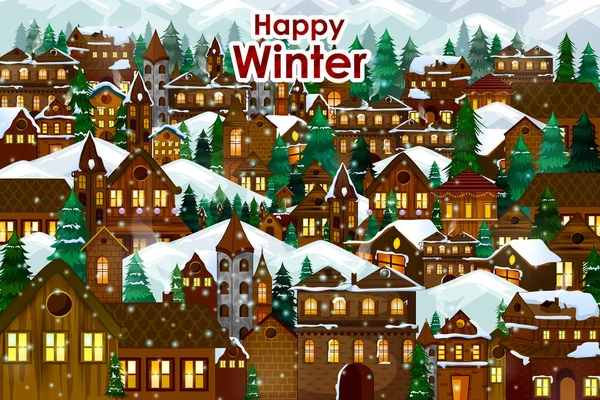 Bostadshus på glad vinter firandet hälsning bakgrund om god jul — Stock vektor