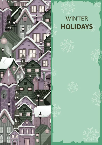Zasněžené dům na Happy zimních svátků pozdrav pozadí pro Veselé Vánoce — Stockový vektor