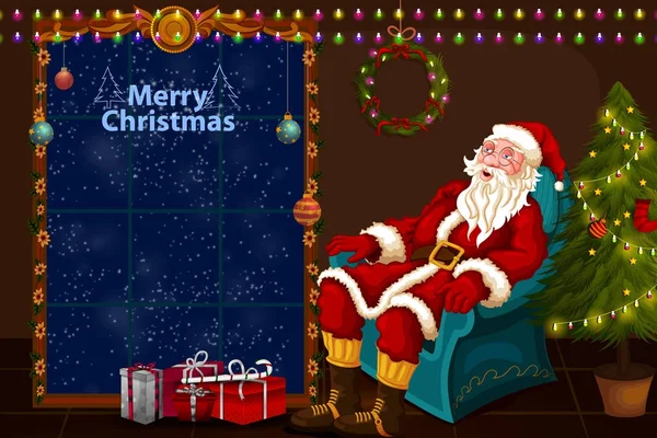 Τον Άγιο Βασίλη να κάθεται στον καναπέ κοντά διακοσμημένα πεύκο για καλά Χριστούγεννα και Ευτυχισμένο το νέο έτος — Διανυσματικό Αρχείο