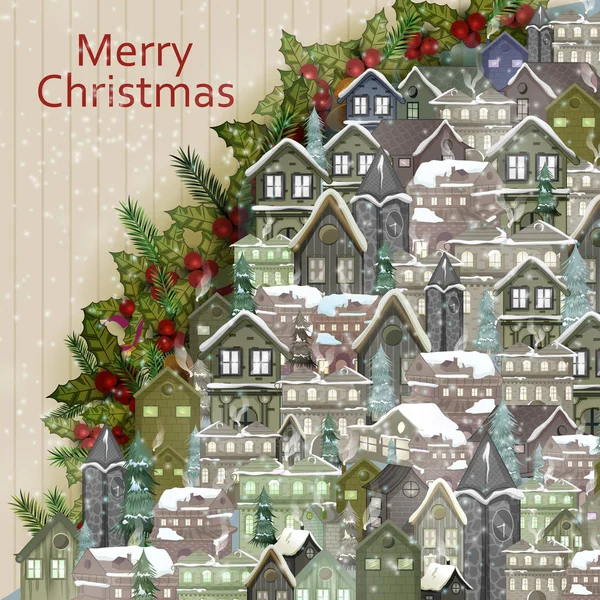 Ingericht huis op Happy Winter viering begroeting achtergrond voor Merry Christmas — Stockvector