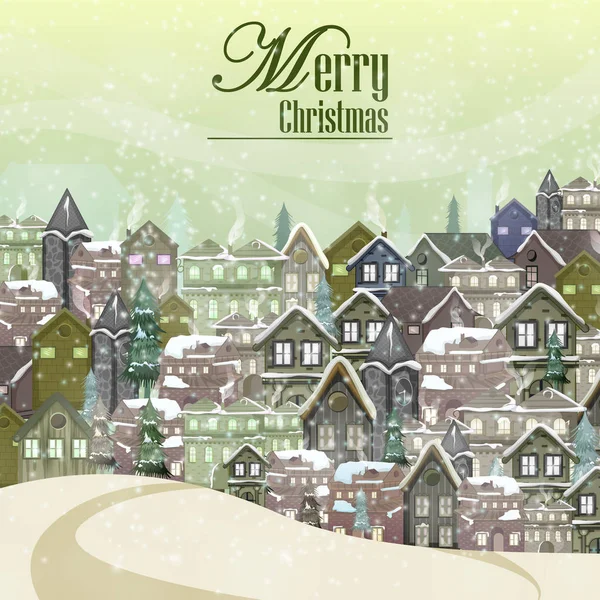 Inredda hus på glad vinter firandet hälsning bakgrund om god jul — Stock vektor