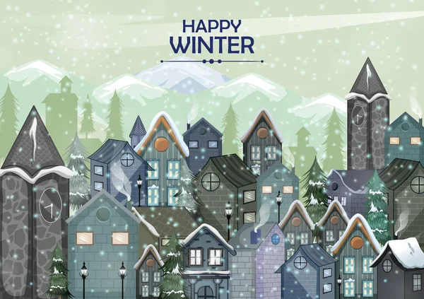 Snötäckta hus på glad vinter firandet hälsning bakgrund om god jul — Stock vektor
