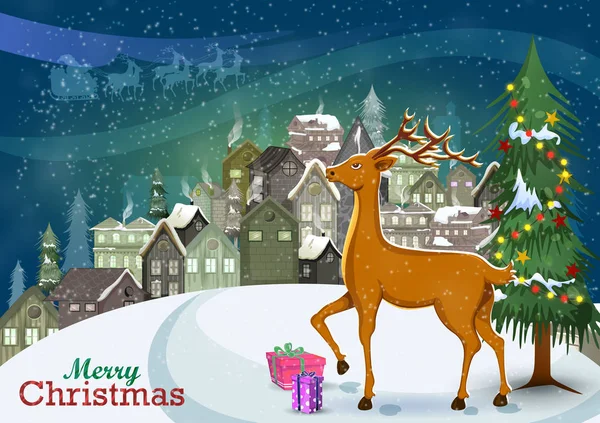 Hirsche mit Dekoration für frohe Weihnachten und ein glückliches neues Jahr — Stockvektor