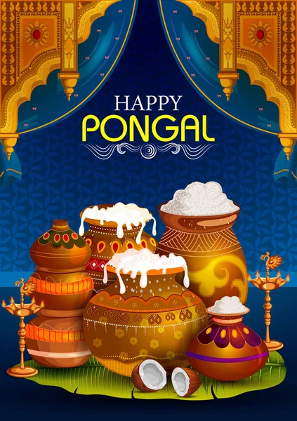収穫祭インドの幸せ Pongal の宗教的な祝日の背景 — ストックベクタ
