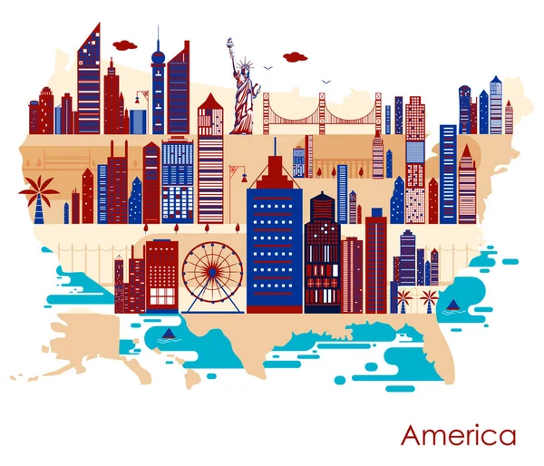 Mapa do país Estados Unidos da América com edifício e monumento famoso —  Vetores de Stock