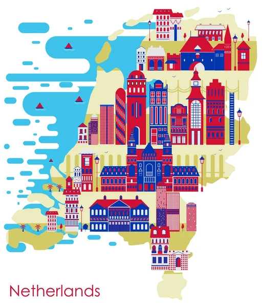 Χάρτης της χώρας Ολλανδία με το κτίριο και το διάσημο μνημείο — Διανυσματικό Αρχείο