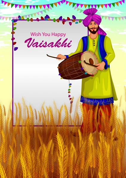 Ευτυχισμένος Vaisakhi Punjabi θρησκευτική εορτή φόντου για το νέο έτος γιορτή του Πουντζάμπ Ινδία — Διανυσματικό Αρχείο