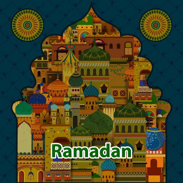 Mezquita decorada en Eid Mubarak Happy Eid Ramadan background — Vector de stock