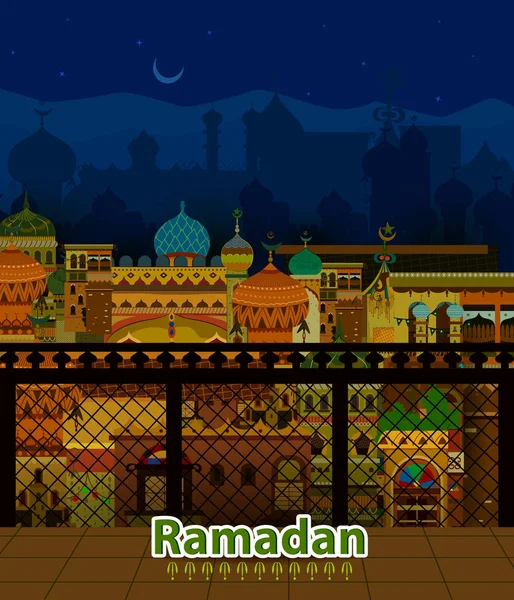 Decorated mosque in Eid Mubarak Happy Eid Ramadan background — Stock Vector