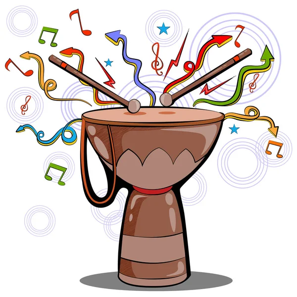 Astratto sfondo musicale vorticoso con Djembe Bongo Drum strumento musicale — Vettoriale Stock