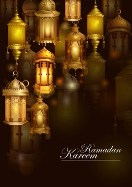 Eid Mubarak mutlu bayram Ramazan arka planda Arapça fener dekore edilmiş