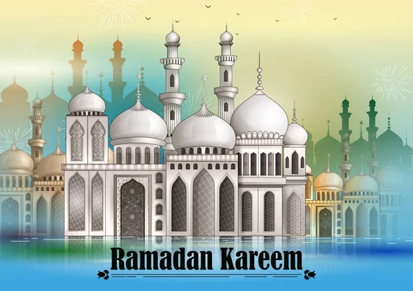 Inredda moskén i Eid Mubarak glad Eid Ramadan bakgrund — Stock vektor