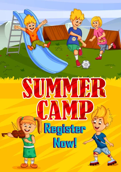 Niños disfrutando de actividades de campamento de verano — Vector de stock