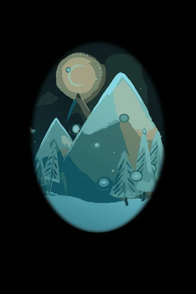 Atmospheric snow-capped mountains at night by moonlight. Fine minimal art in cool colors.Original cute print.