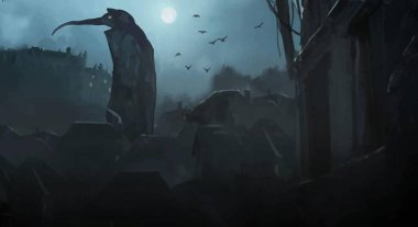 Şehirde geceleri Duvar Kağıdı Salgını Doktoru. Şehirde dev bir canavar, atmosferik açıdan korkunç bir geçmişi var. Ortaçağ şehrinde ölüm, gece ay, gotik tarz.