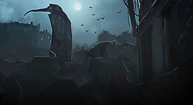 Şehirde geceleri veba doktoru. Şehirde dev bir canavar, atmosferik açıdan korkunç bir geçmişi var. Ortaçağ şehrinde ölüm, gece ay, gotik tarz.