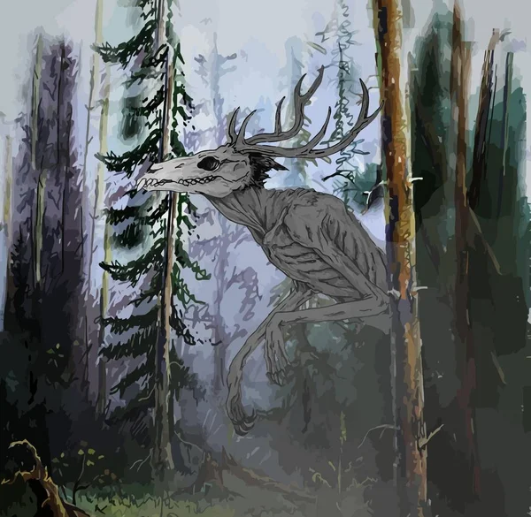 Ancient pagan demon HD wallpaper monster in a foggy forest atmospheric wallpaper. Creepy creation magic rite, giant monster