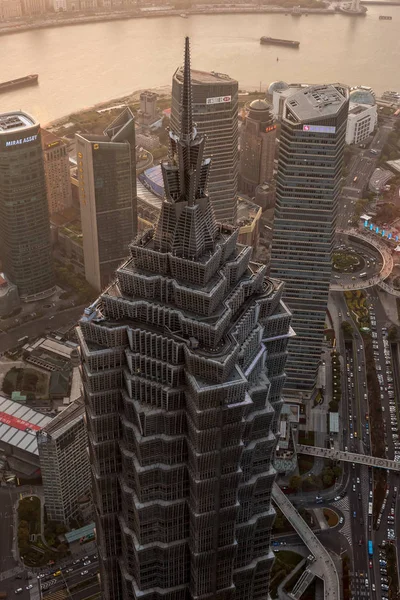 Shanghai, China; April 1, 2019: Aerial view of Shanghai skyline at sunset — Stock Photo, Image