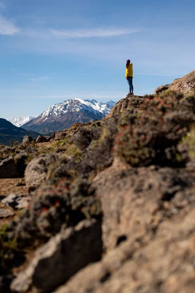 Caminhante sozinho com casaco amarelo admirando vistas sobre os Andes. Patagônia, Argentina — Fotografia de Stock