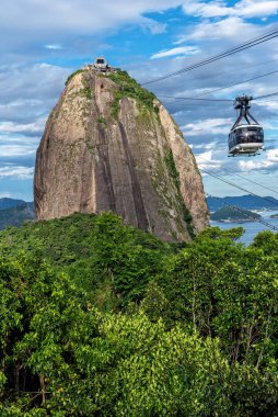 Günbatımında Sugarloaf dağı ve kablolu tren yolu manzarası, Rio de Janeiro, Brasil