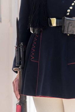 February 6, 2018: Traditionally dressed Greek soldier guards in front of the Unknow Soldier Tomb outside Parliament. Athens, Greece