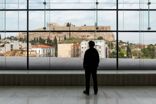 Silhouette Man Looking Window Acropolis Athens Greece — Stock Photo, Image