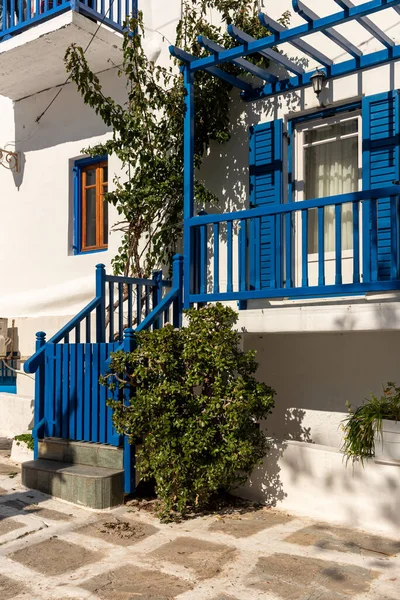 Mykonos Vista Rua Ilha Com Casas Brancas Azuis Cyclades Grécia — Fotografia de Stock