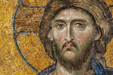 21 Şubat 2018: Haghia Sophia Camii 'nde İsa Mesih' in mozaiği. İstanbul, Türkiye