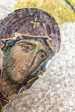 21 Şubat 2018: Haghia Sophia Camii içinde Bakire Meryem Mozaiği. İstanbul, Türkiye