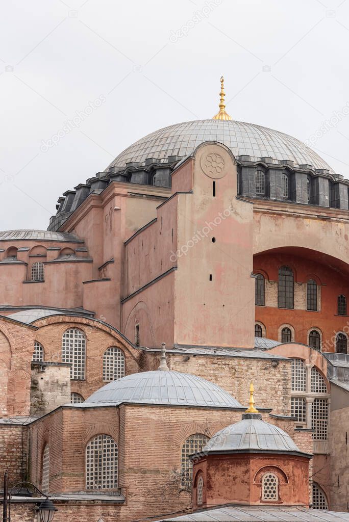 Close up of the upper section and dome of the Hagia Sophia in Istanbul