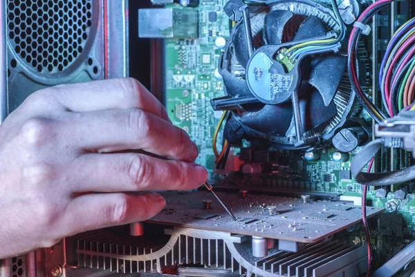 Close-up of professional equipment master repairing computer software. Hand of a master with a screwdriver repairs microcircuit technology