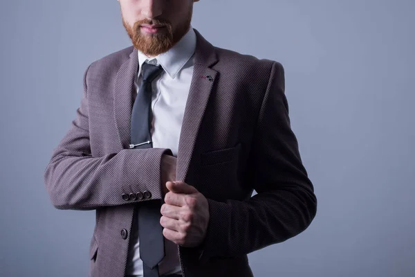 Studio portrait of a young bearded handsome guy of twenty-five years old, in an official suit, sticks his hand in the inside pocket of his jacket. on a gray background.