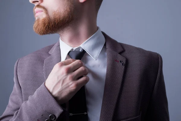 Studio portrait of a young bearded handsome guy of twenty-five years old, in an official suit, tightens his tie. On a dark background. Official style. Fashion and office — Stock Photo, Image