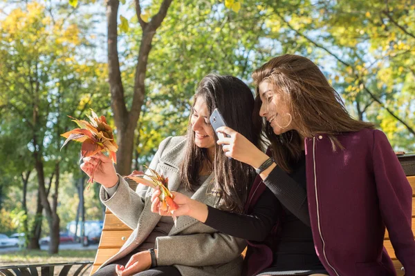 Dvě krásné mladé indiánské sestry sedící na lavičce, fotografie podzimu krásné javorové listy na smartphonu. — Stock fotografie