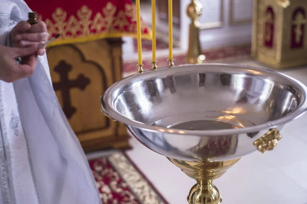 Pila Bautismal Accesorios Para Bautizo Niños Iconos Velas Iglesia Ortodox — Foto de Stock