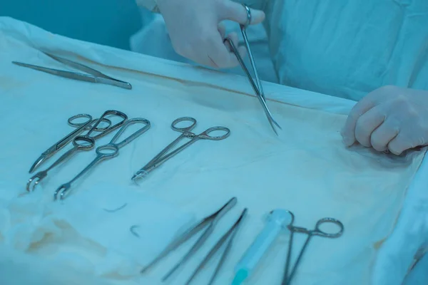 Closeup Hands Nurses Hand Assistant Surgeon Takes Surgical Instrument Sterile — Stok fotoğraf