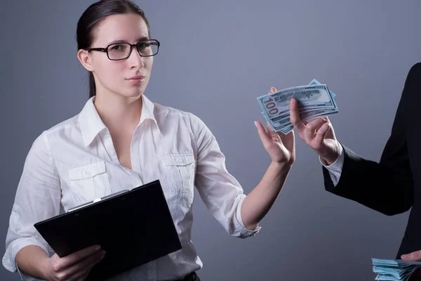 Serious Businesswoman Refusing Take Bribe Isolated White Corruption Concept Portrait — Stock Photo, Image