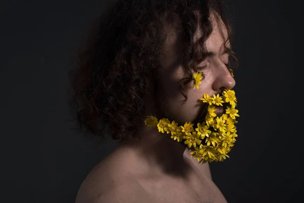 Flowers in my beard. Portrait of handsome young man with flowers in his beard looking at camera while standing against grey background Studio dramatic portrait of a young guy of thirty years old, yellow flowers woven into curly hair and a long beard.