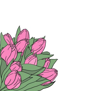 Mesajın için yeri olan pembe lalelerin çiçekli arka planı. Kutlama veya düğün kartı için çiçek kompozisyonu.