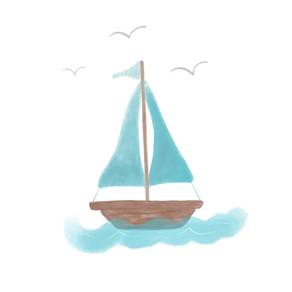 Sailboat Blue Sails Small Striped Flag Waves Illustration Pastel Colors — 스톡 사진