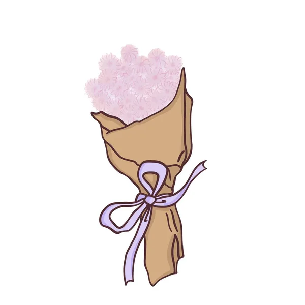 白い背景にライラックの弓を持つクラフト紙のピンクの花の花束 — ストック写真