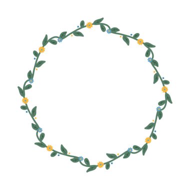 Dekoratif çerçeve yapraklı bir dal çelenk, küçük mavi ve sarı çiçekler. Beyaz arka planda izole bir illüstrasyon. Metin için yeri olan bahar çelengi.