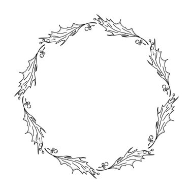 Tek yapraklı ve üzümlü soyut bir çelenk. Beyaz arkaplandaki tek renkli çizimler. Güzel, narin bir çelenk ve metin için yer var..