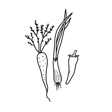 Beyaz arka planda havuç, soğan ve biber kabuğu. El çizimi, sebzelerin siyah beyaz çizimi.