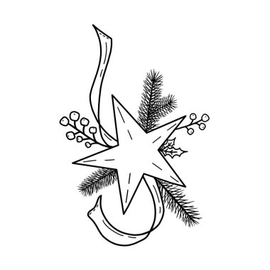 Black and white festive christmas composition. Christmas decoration from star, ribbon, spruce branches, holly leaves and berries on a white background. Element for holiday design.