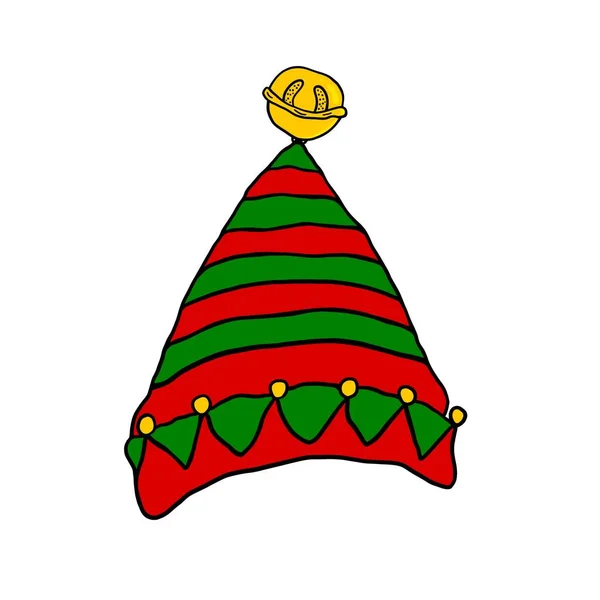 Świąteczny Kapelusz Elfa Paski Złotym Dzwonkiem Kapelusz Elfa Czerwono Zielone — Zdjęcie stockowe