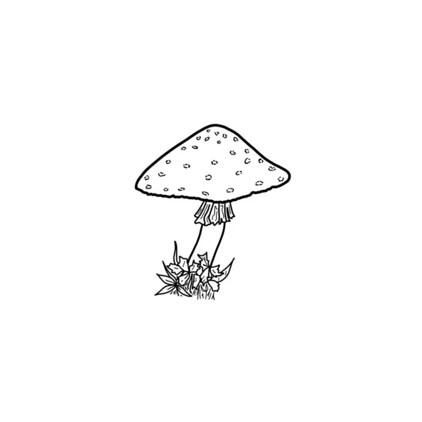 Black and white illustration of a poisonous fly agaric. Mushroom in the grass on a white background. Element for design.