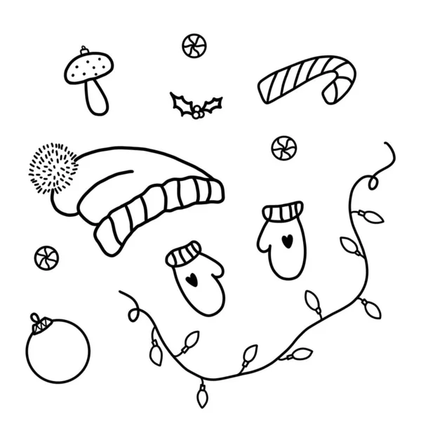 Set of christmas elements. Monochrome illustration of seasonal New Year's objects. Illustration of a knitted hat and mittens, a garland of lights, sweets, holly, christmas tree decorations.