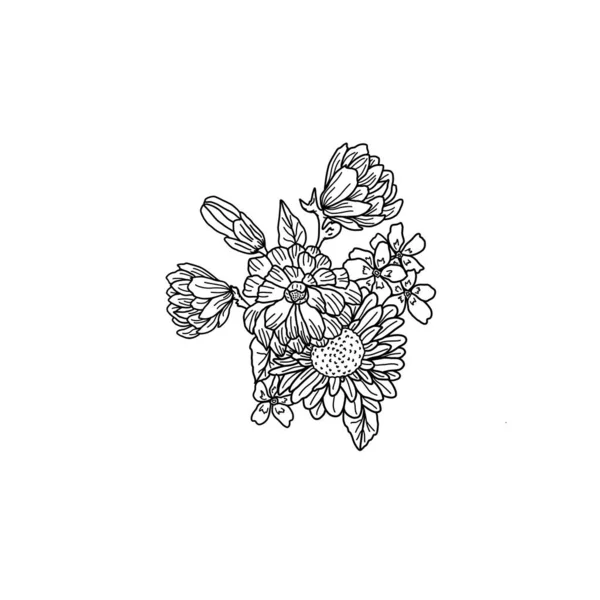 Black and white outline illustration of flowers on a white background. Beautiful floral arrangement of various types of flowers. Isolated object for your design and coloring.