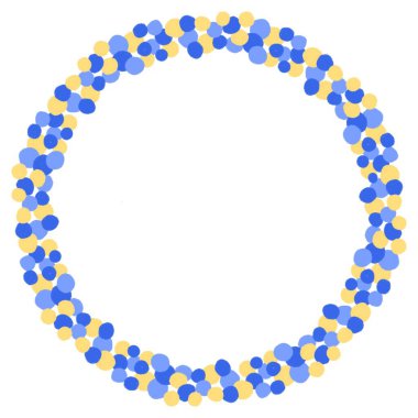 Beyaz arka planda mavi ve sarı küçük toplardan oluşan yuvarlak çerçeveli bir çelenk. Parlak, dokusal, soyut bir çelenk. Tasarımınız için ayrı bir nesne.